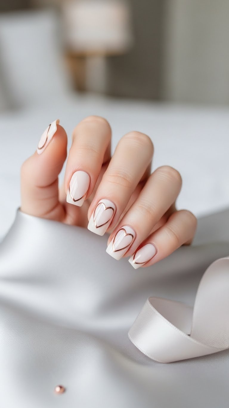 Sophisticated rose gold metallic heart outline nails on elegant neutral backdrop with refined minimalist styling
