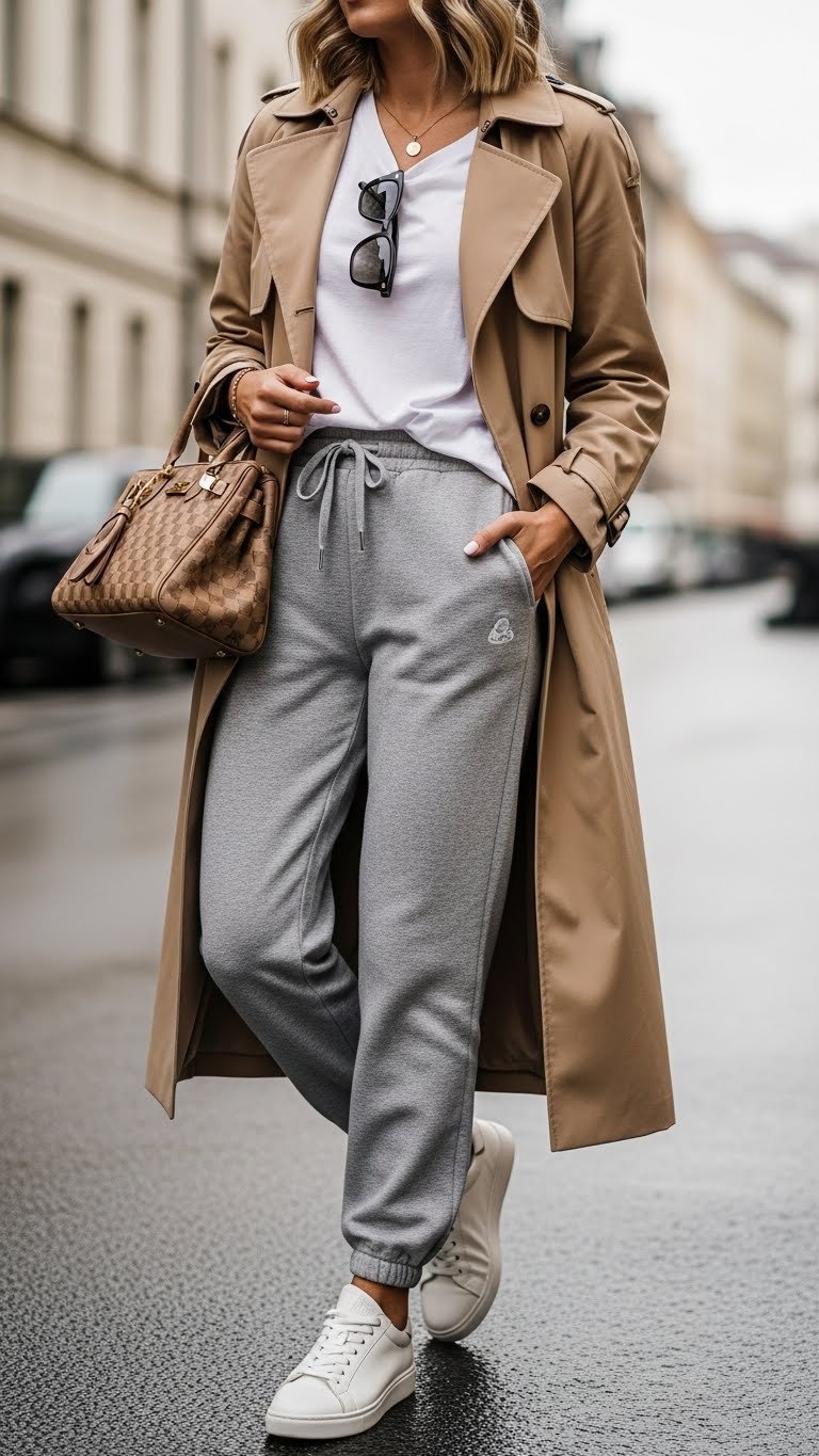 Sophisticated transitional outfit with grey sweatpant joggers, white top, and tan trench coat on city street