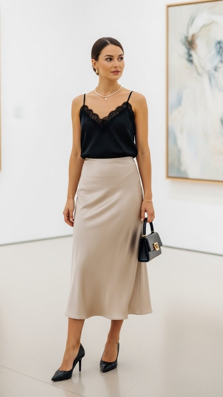 Sophisticated woman in champagne silk midi skirt at art gallery opening with soft even lighting