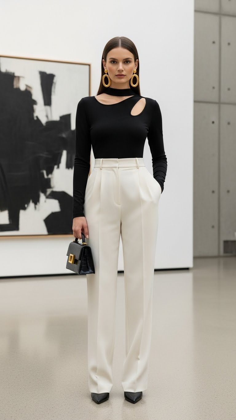 Sophisticated woman in cream wide-leg trousers and black asymmetrical top standing in art gallery setting