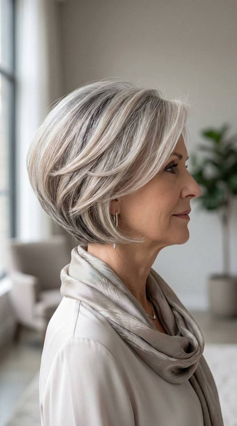 Sophisticated woman over 60 with a voluminous stacked bob haircut styled with subtle layers and soft natural lighting in neutral studio setting