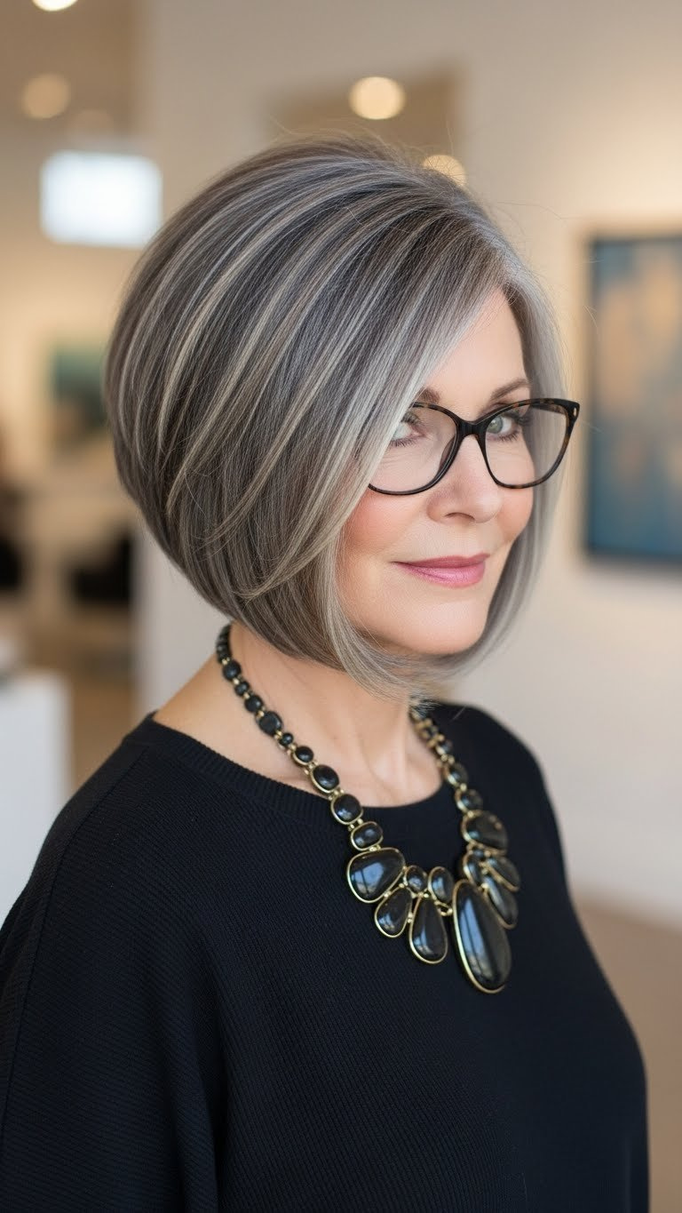 Sophisticated woman over 60 with striking asymmetrical bob haircut featuring varying lengths in minimalist upscale setting