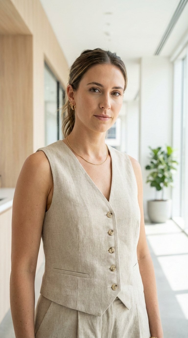 Sophisticated woman wearing beige linen tailored vest as top with matching trousers in minimalist office
