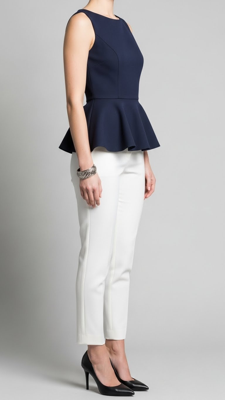 Sophisticated woman wearing navy peplum top with white ankle pants against gray studio backdrop with silver bracelet