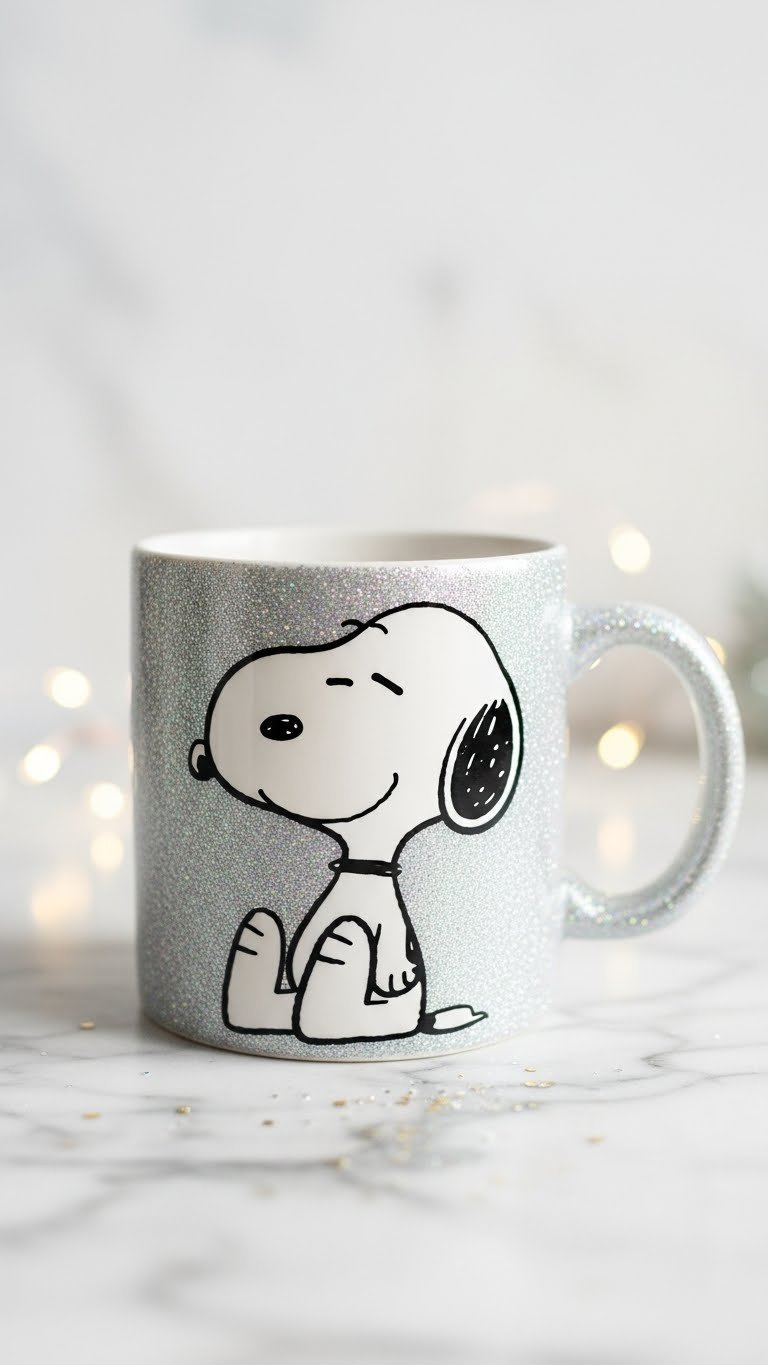 Sparkling glitter-accented Snoopy ceramic mug on marble countertop with fairy lights creating soft bokeh background effect.