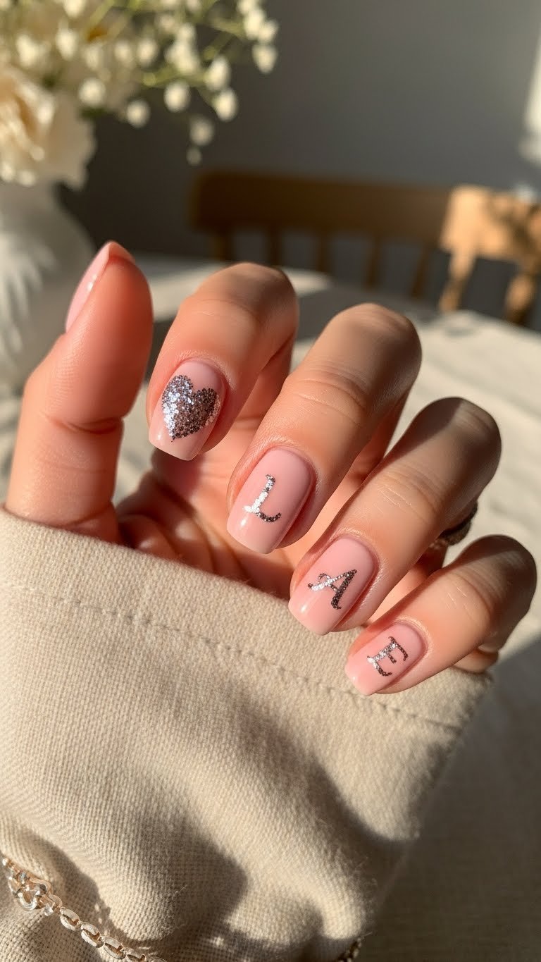 Sparkling glitter heart and initial duo nails on soft pink base with floral backdrop