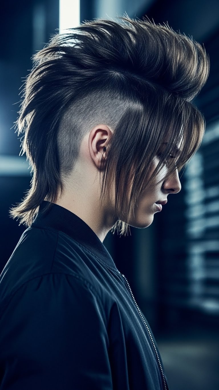 Spiked back hairstyle with soft layered front creating masculine anime aesthetic against urban night scene