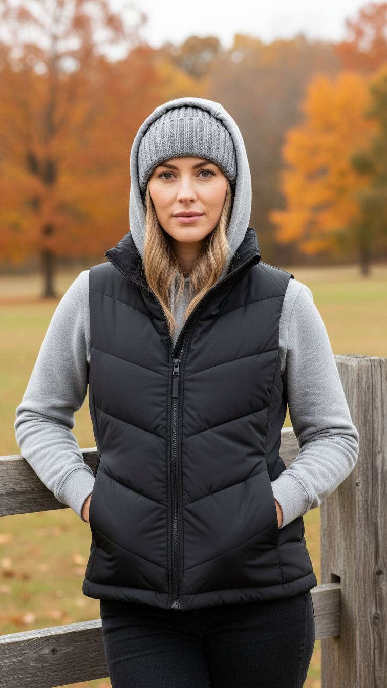 Sporty black puffer vest over gray hooded sweatshirt against autumn landscape with knit beanie