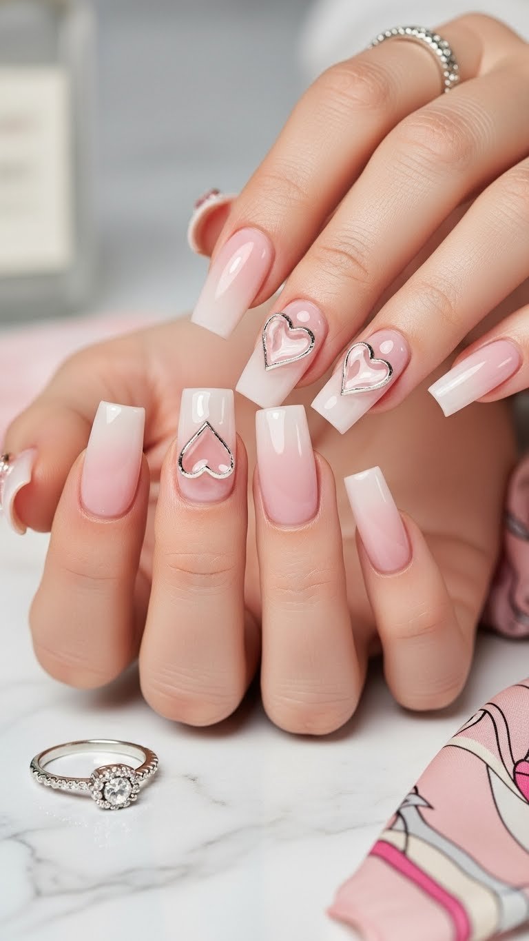 Square nails with glossy 3D heart embellishments casting shadows for luxurious tactile effect