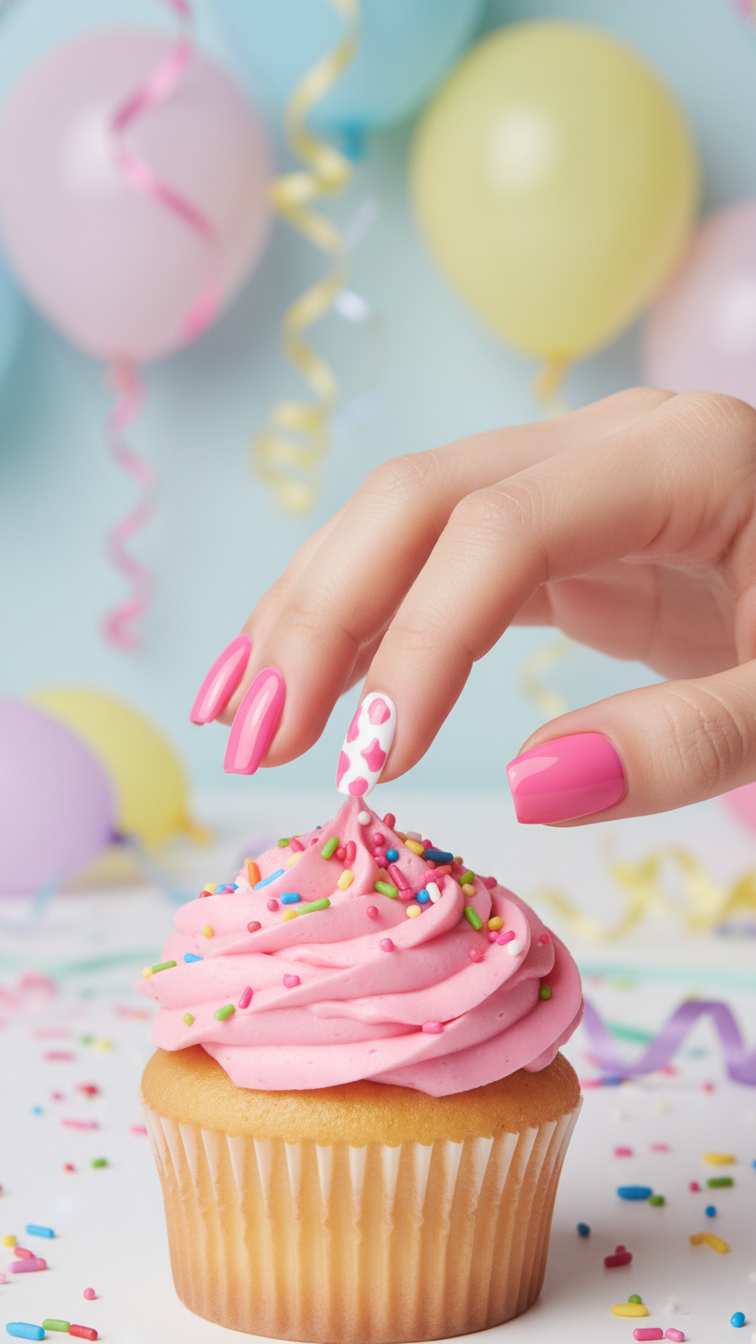 Squoval nails in vibrant bubblegum pink with cow print accent nail reaching for pink cupcake