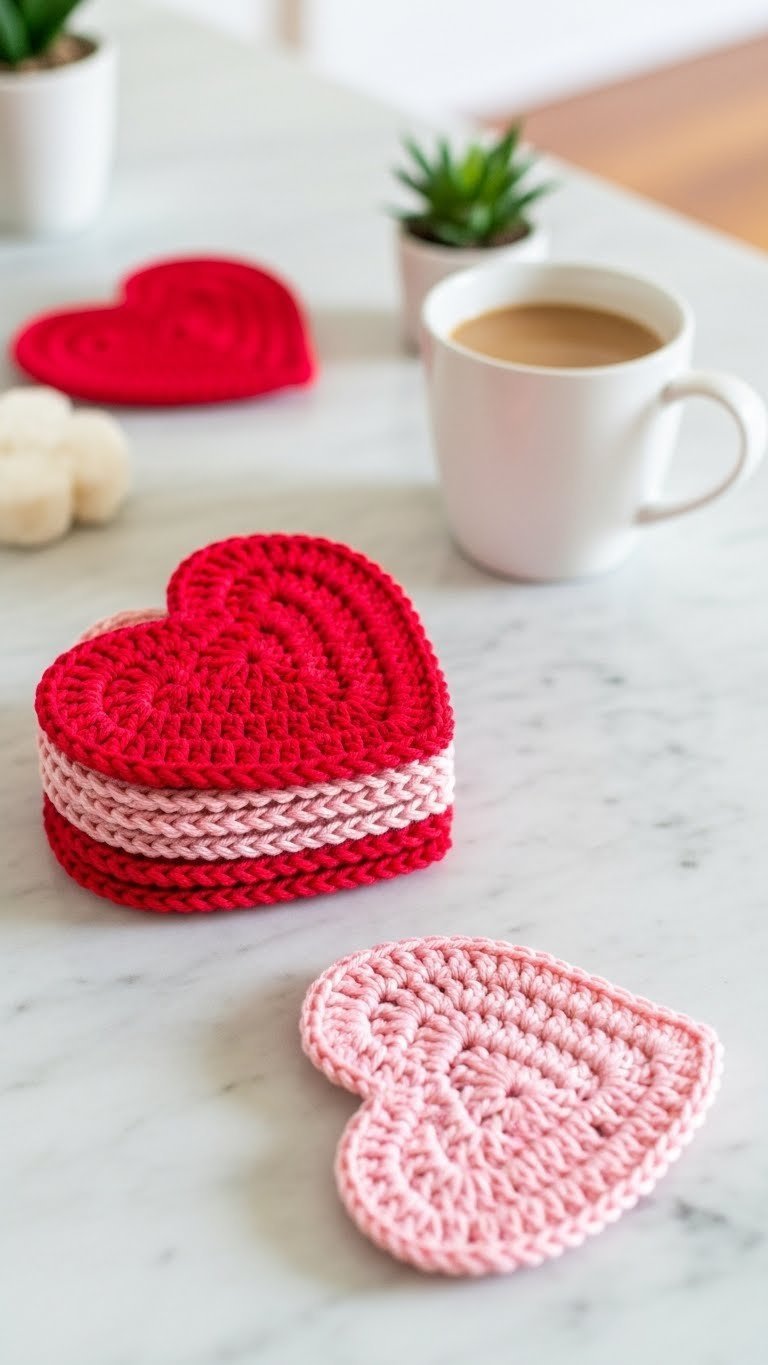 Stack of crochet heart-shaped coasters in red and pink shades with even stitches on marble countertop