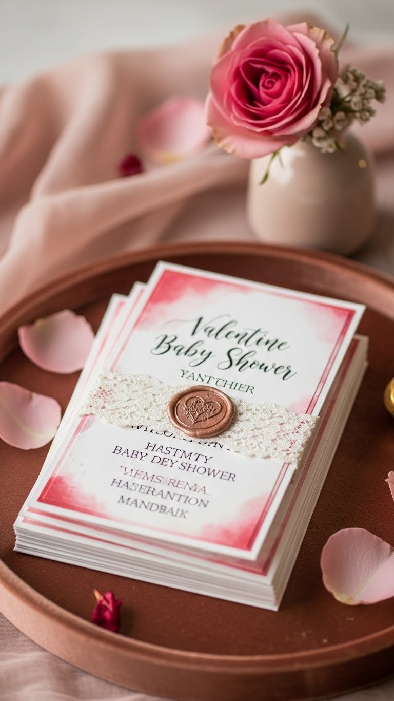 Stack of elegant handmade Valentine's baby shower invitations with wax seals and lace accents