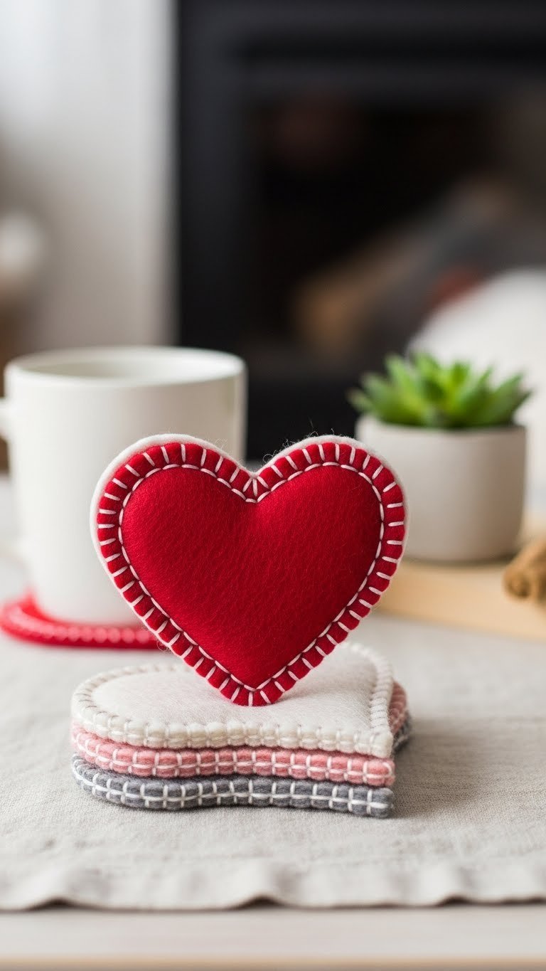 Stack of handmade felt heart coasters with visible stitching in Valentine's red and pink colors