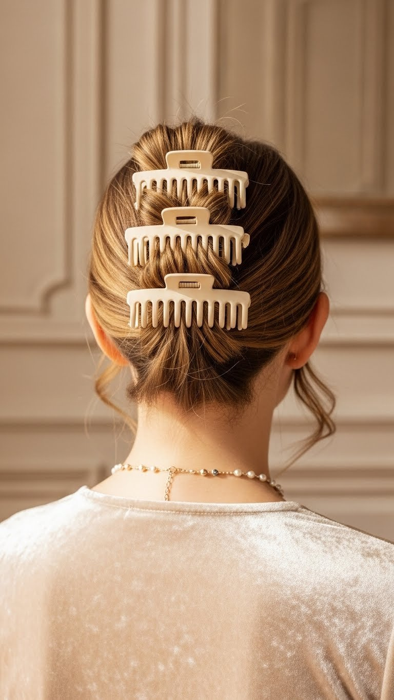 Stacked claw clip updo for ultra thick hair with multiple clips managing impressive volume in elegant interior.