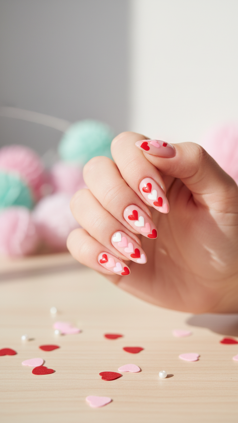 Stacked micro heart almond nails with colorful layered hearts on pastel ceramic dish background
