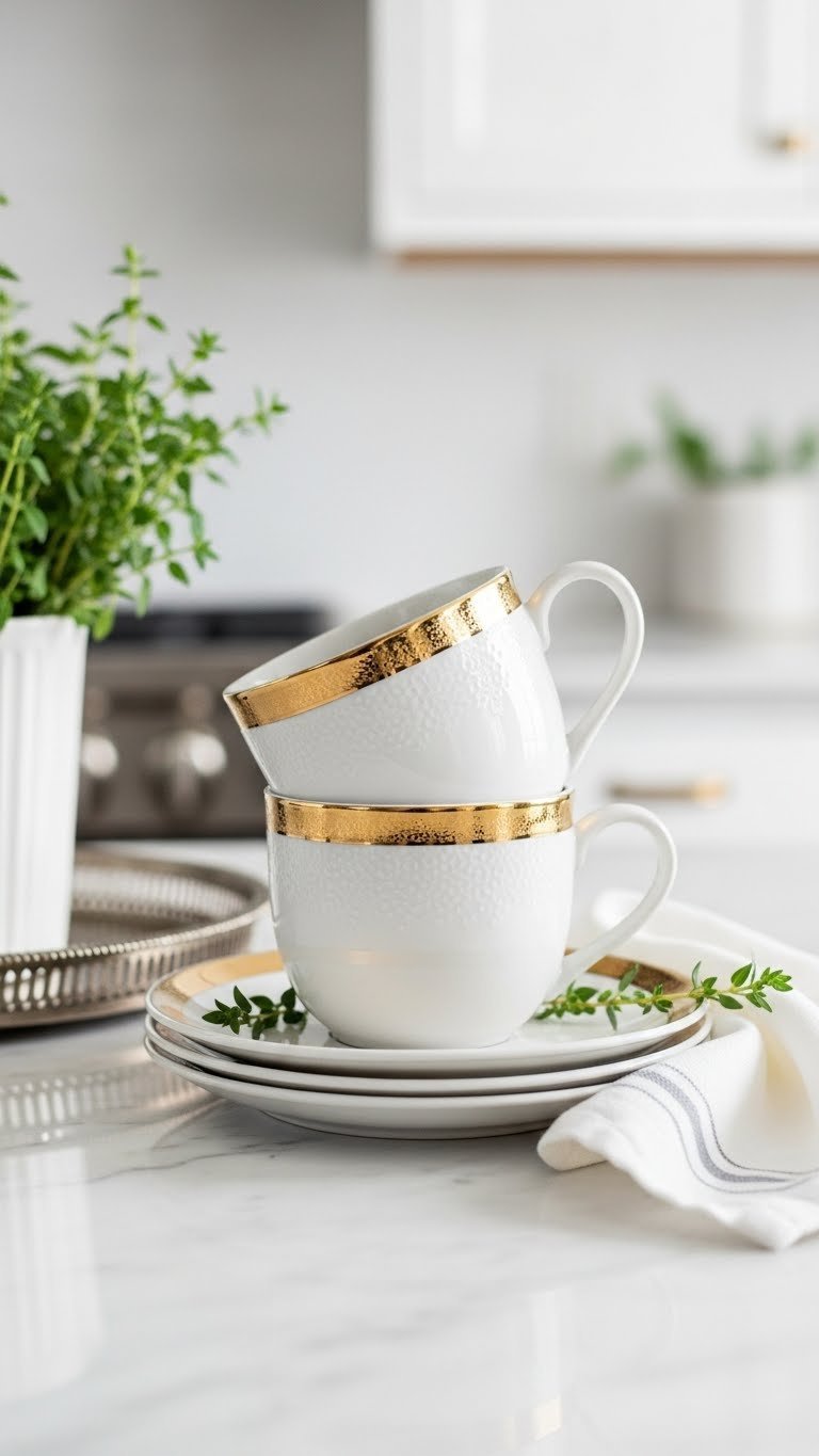Stacked white porcelain mugs with shimmering gold rims on polished marble countertop in elegant setting