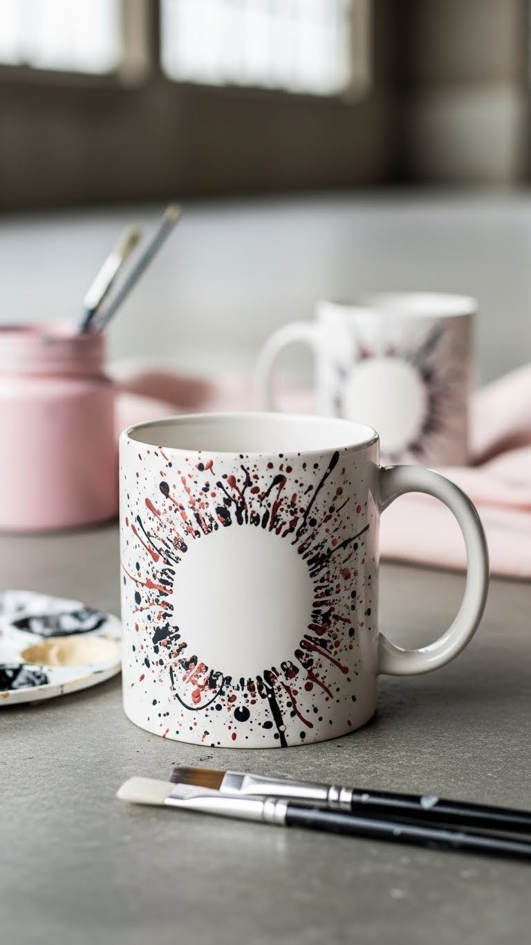 Stencil-and-splatter painted ceramic mug with white silhouette surrounded by energetic black paint splatters