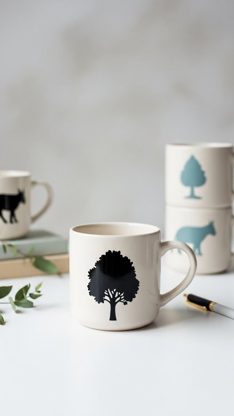Stenciled silhouette ceramic mug with bold graphic design on smooth white tabletop