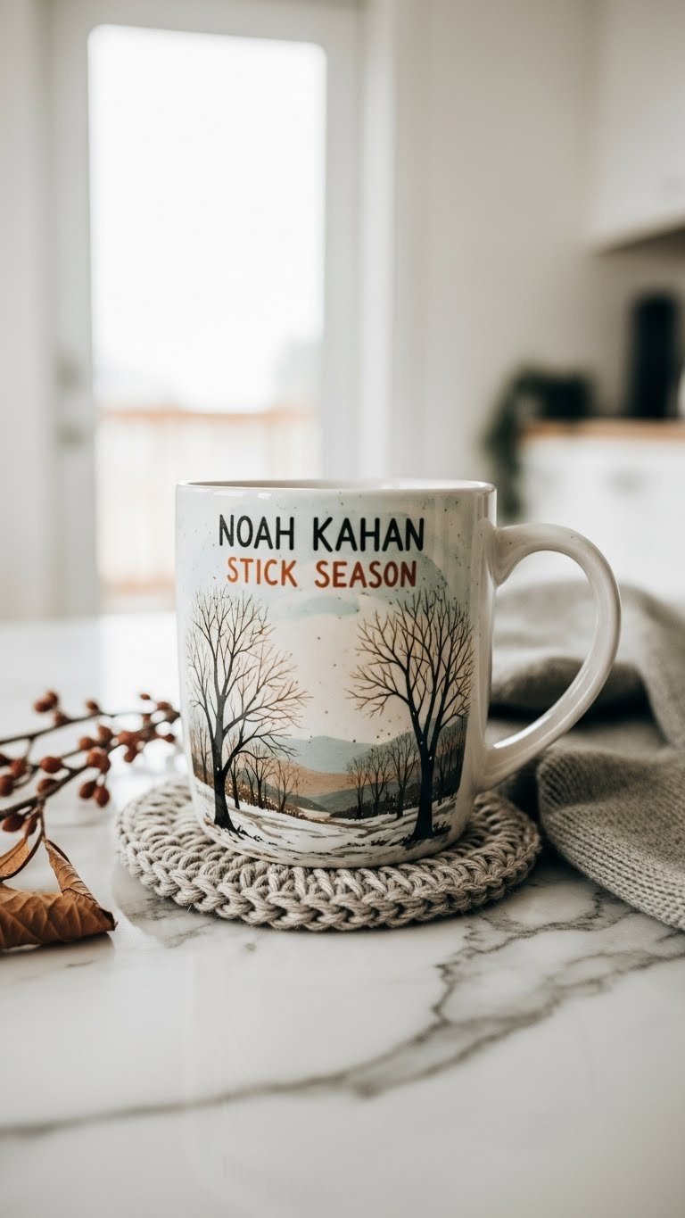 Stick Season album art inspired hand-painted ceramic mug with autumn landscape design on marble countertop in minimalist interior setting.