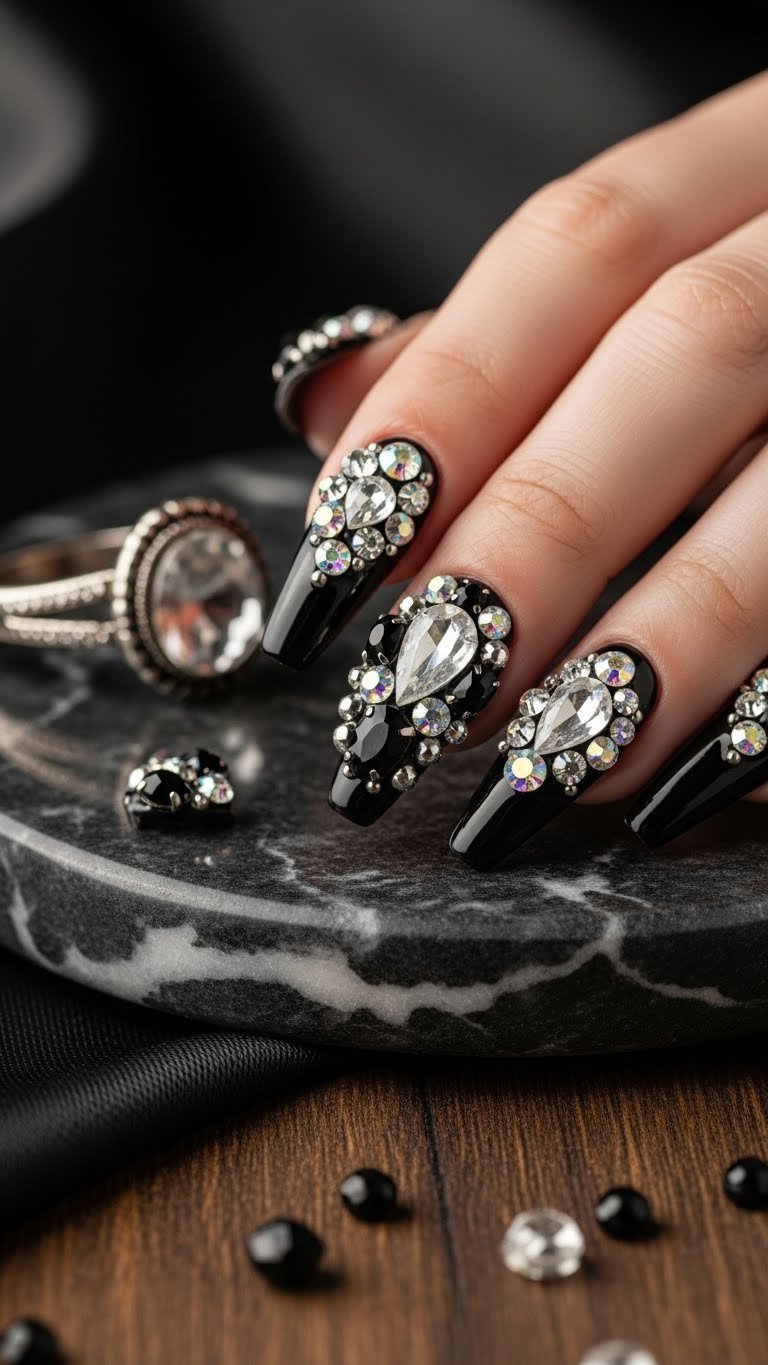 Stiletto nails adorned with black rhinestones and silver micro-beads on glossy black base