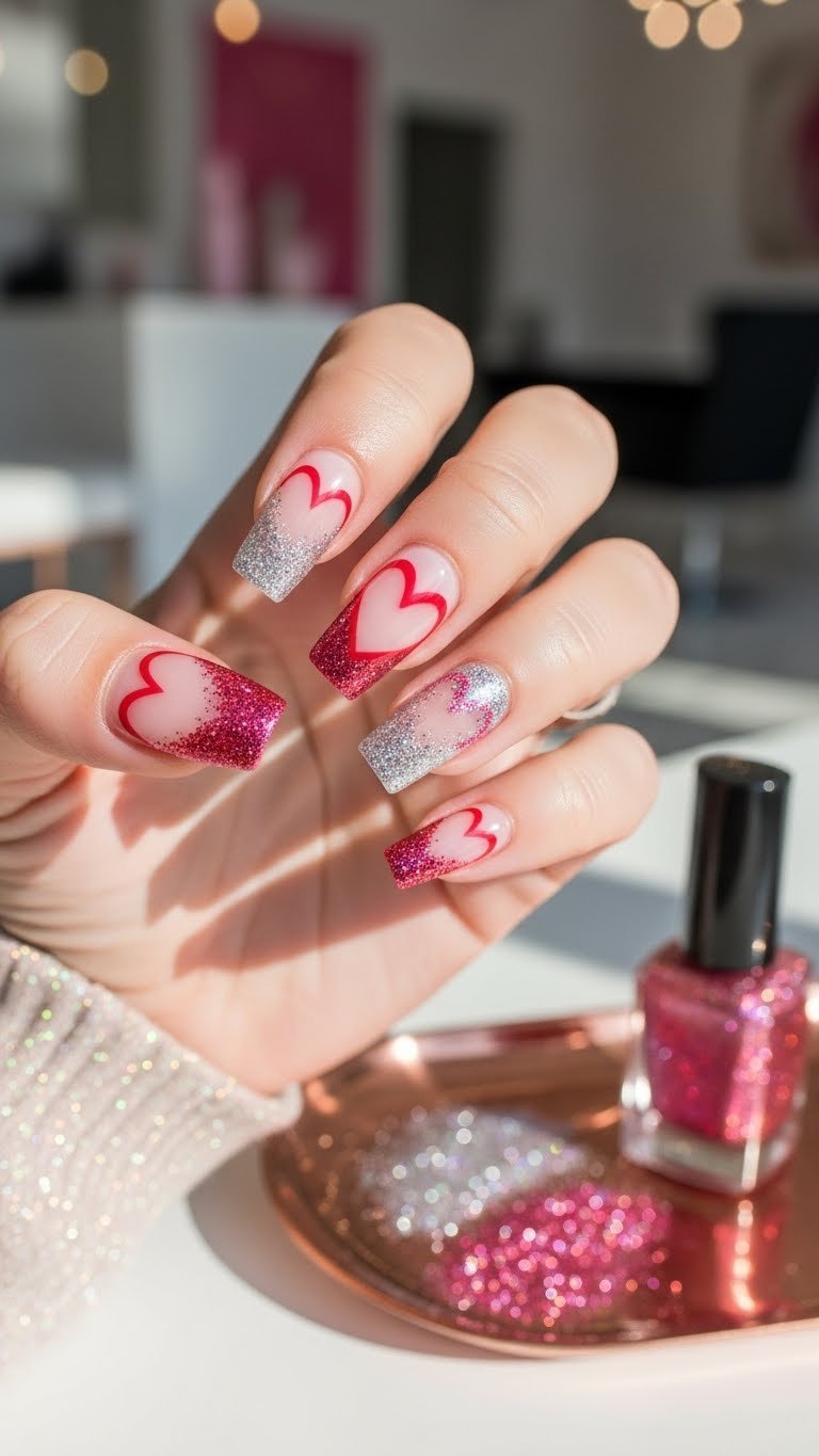 Stiletto nails with silver-to-pink glitter ombre within crisp heart outline on each nail