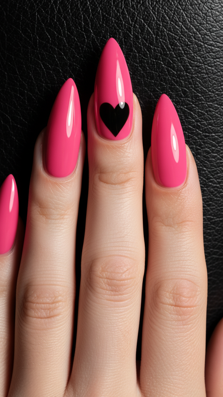 Stiletto-shaped nails in glossy hot pink with black heart on middle finger against black leather