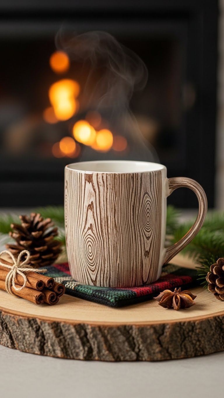 Stoneware ceramic mug with realistic faux wood grain pattern in warm brown tones on wooden slab