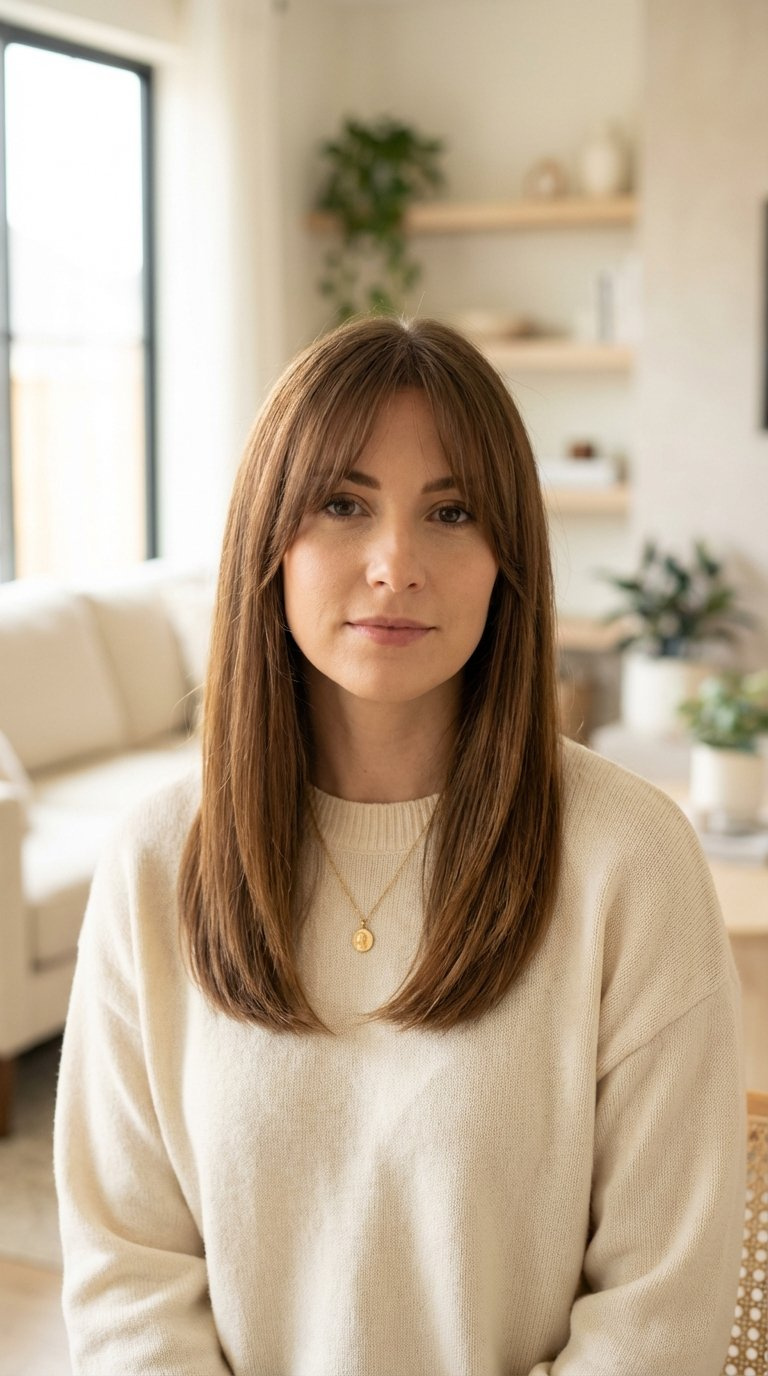 Straight medium length hair with soft curtain bangs framing face in elegant contemporary interior lighting