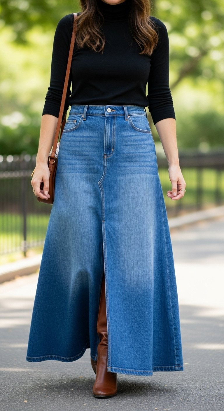 Street style look with long denim maxi skirt featuring front slit, paired with fitted black turtleneck