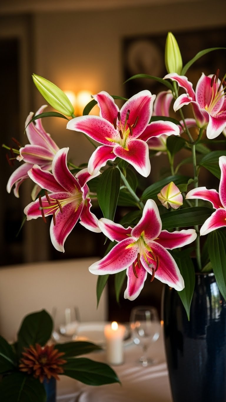 Striking Stargazer lilies in dark ceramic vase with warm golden hour lighting