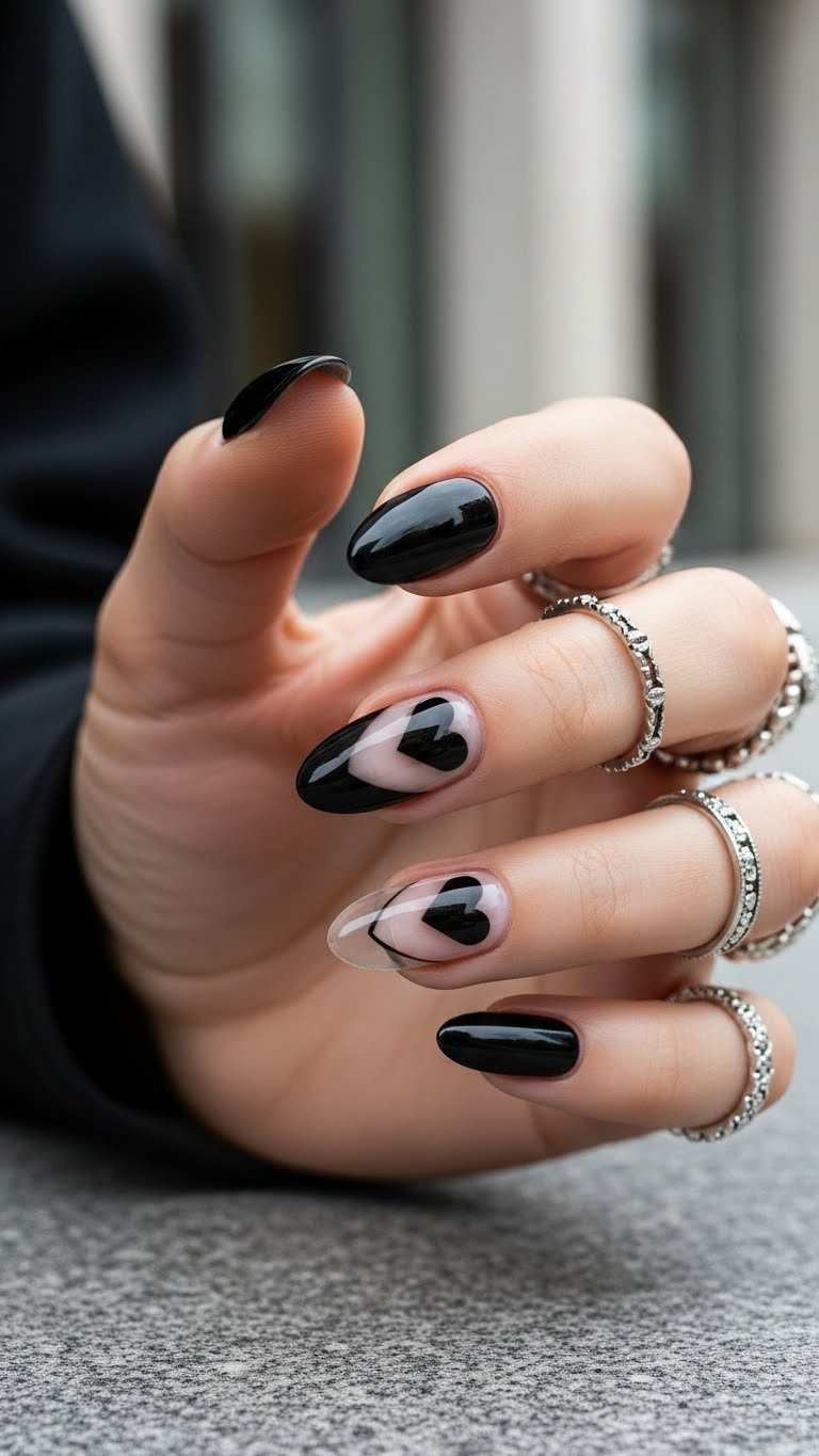 Striking black chrome negative space heart nails revealing natural nail beneath on dark textured surface