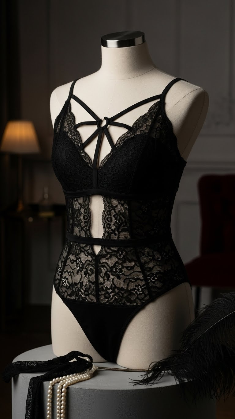 Striking black lace bodysuit with intricate cut-outs displayed on minimalist grey pedestal in elegant boudoir