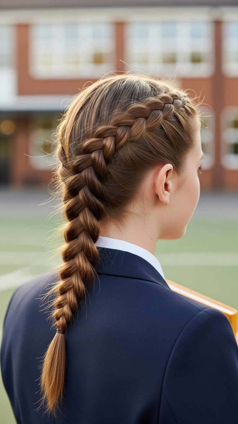 Student with neatly woven side French braid hairstyle in golden hour light against softly blurred outdoor schoolyard setting