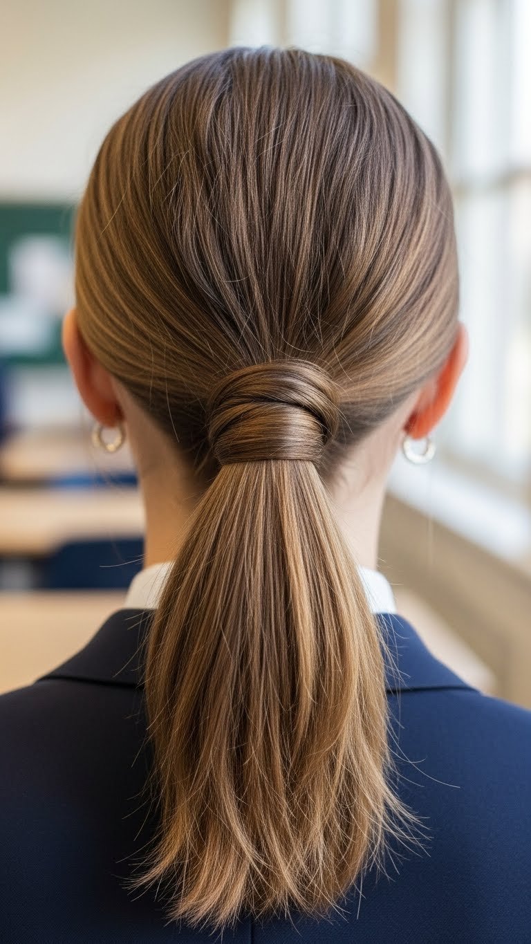 Student with polished low ponytail featuring twisted section wrapped around base in soft natural light against blurred academic backdrop