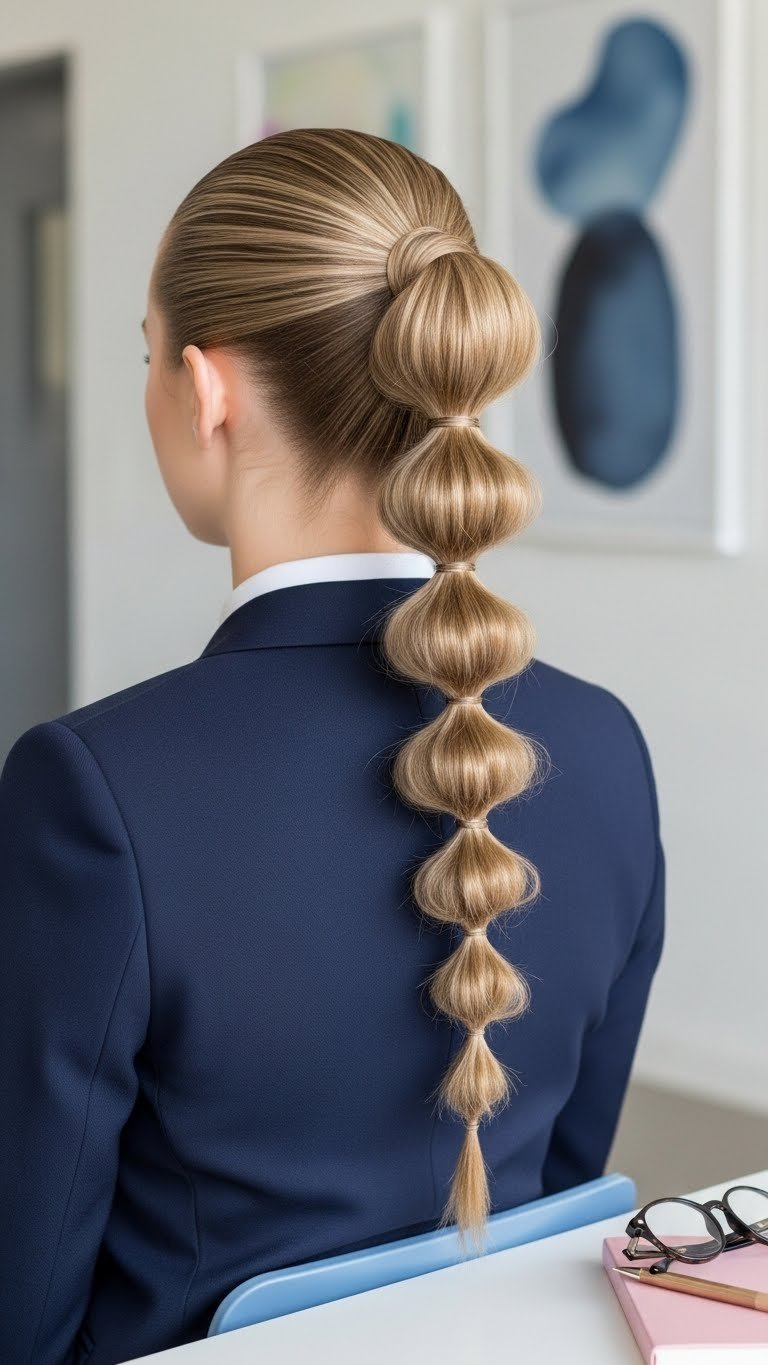 Student with sophisticated sleek bubble braid ponytail hairstyle in soft natural light against modern minimalist school interior