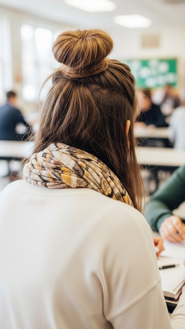 Student with stylish half-up top knot hairstyle in bright daylight against airy school library background with soft bokeh effect