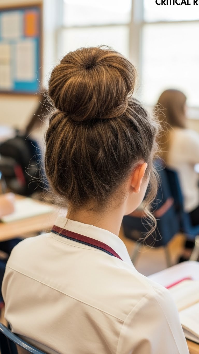 Student with voluminous high messy bun hairstyle featuring textured wisps in soft natural light against blurred classroom background