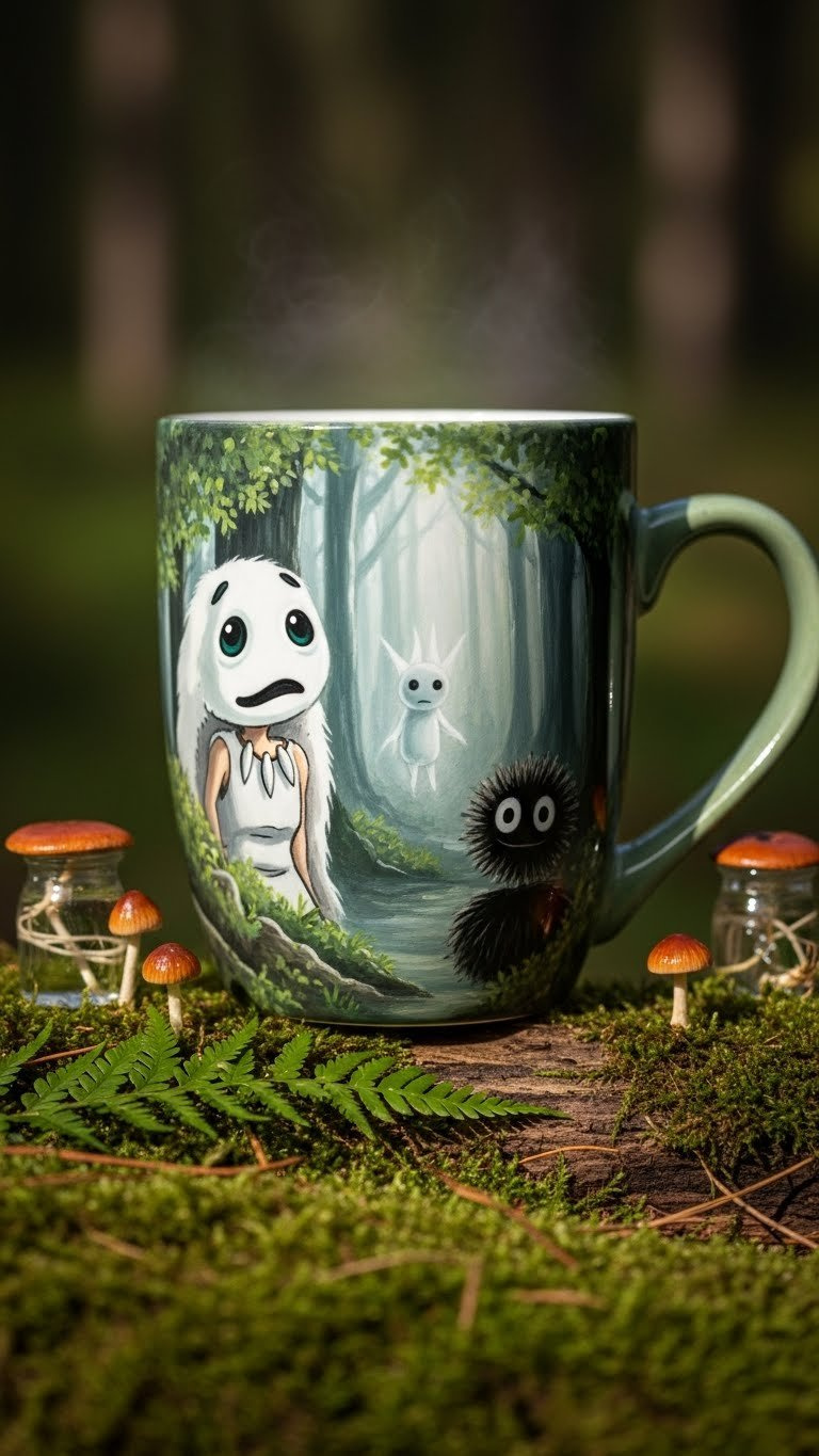 Studio Ghibli forest spirits painted ceramic mug resting on moss-covered log in forest setting.