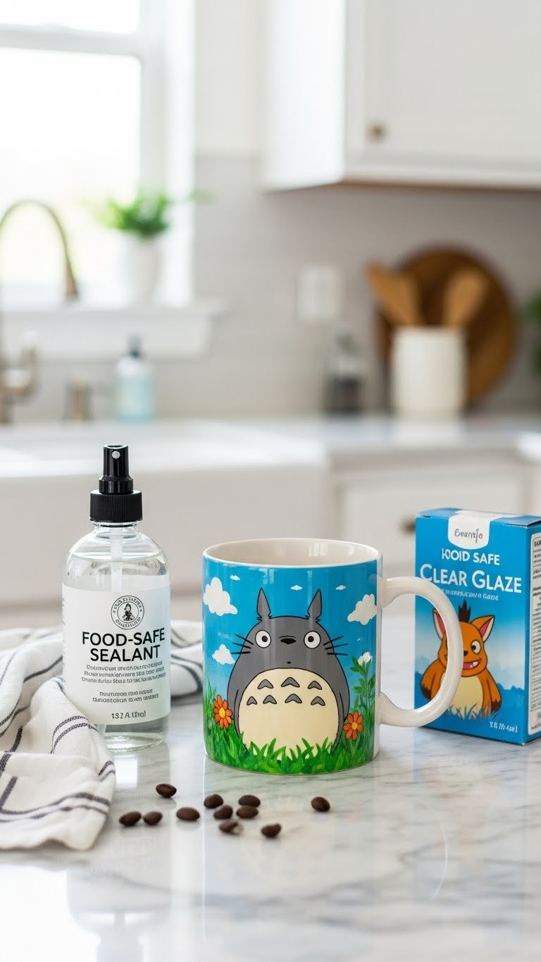 Studio Ghibli painted mug displayed with ceramic sealant bottle on clean marble kitchen counter