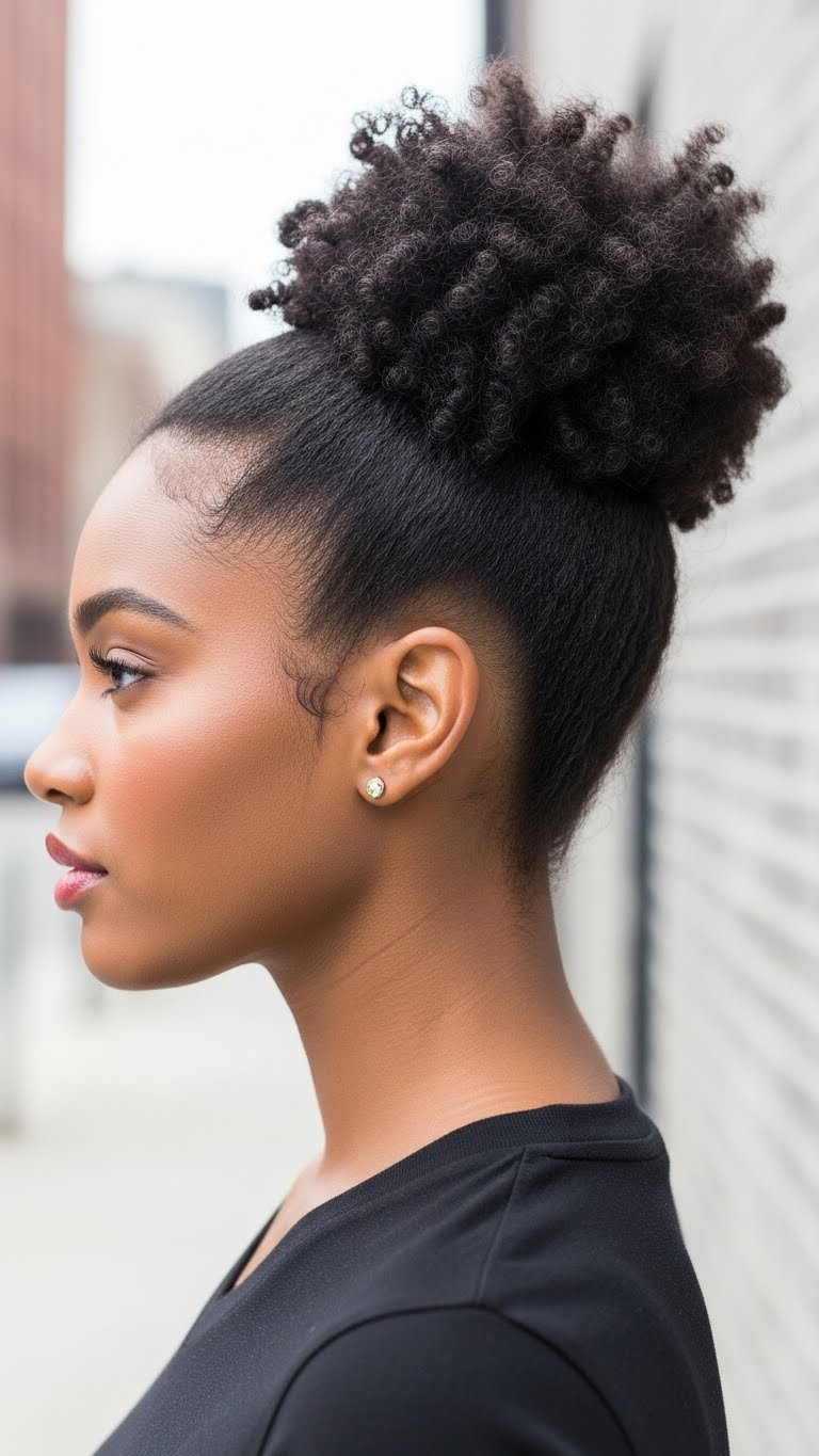 Stylish 4C hair high puff hairstyle with sculpted edges against blurred urban cityscape background