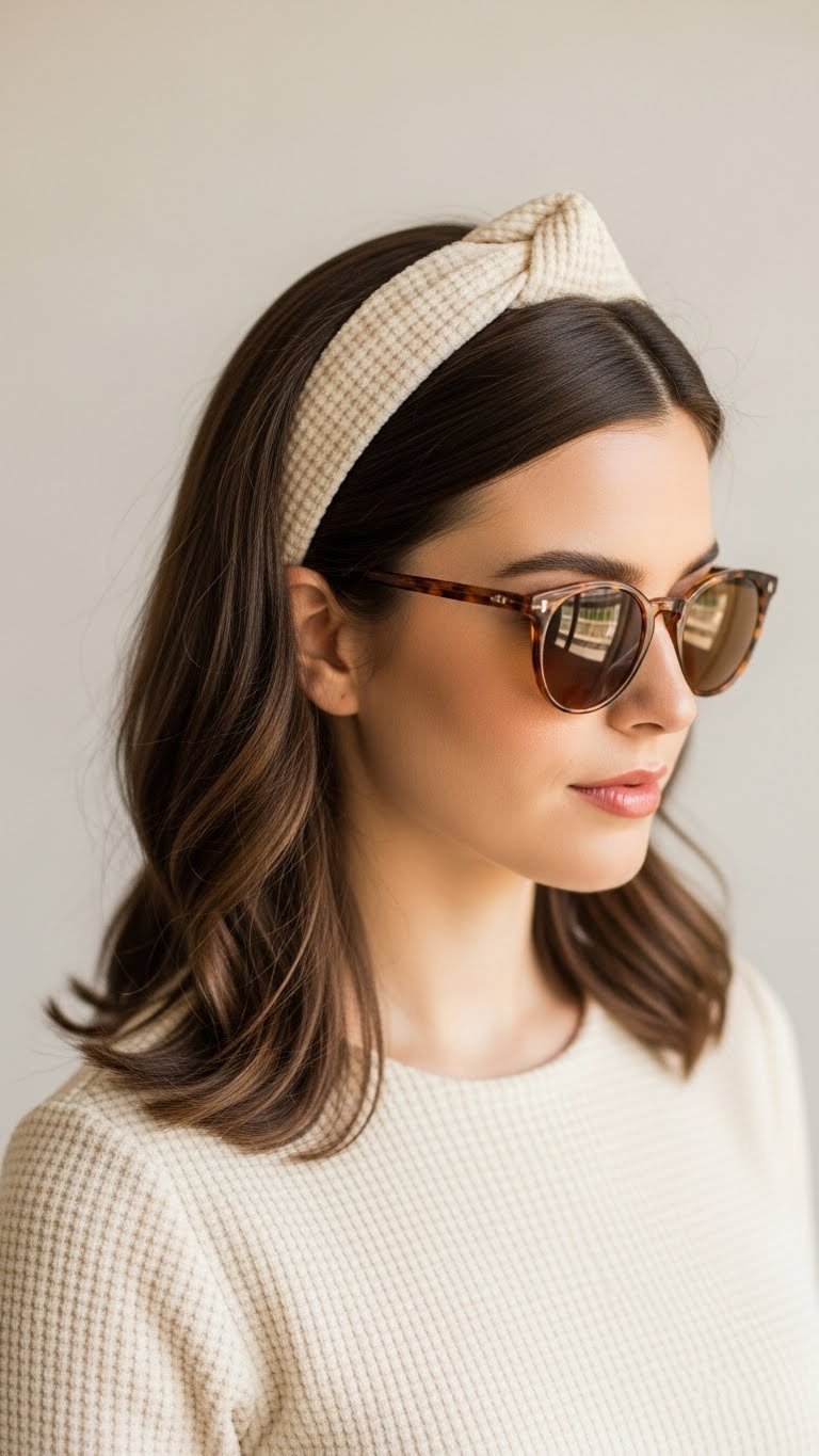 Stylish 60s headband hair look with wide fabric band and medium-length flowing hair against soft natural window light.