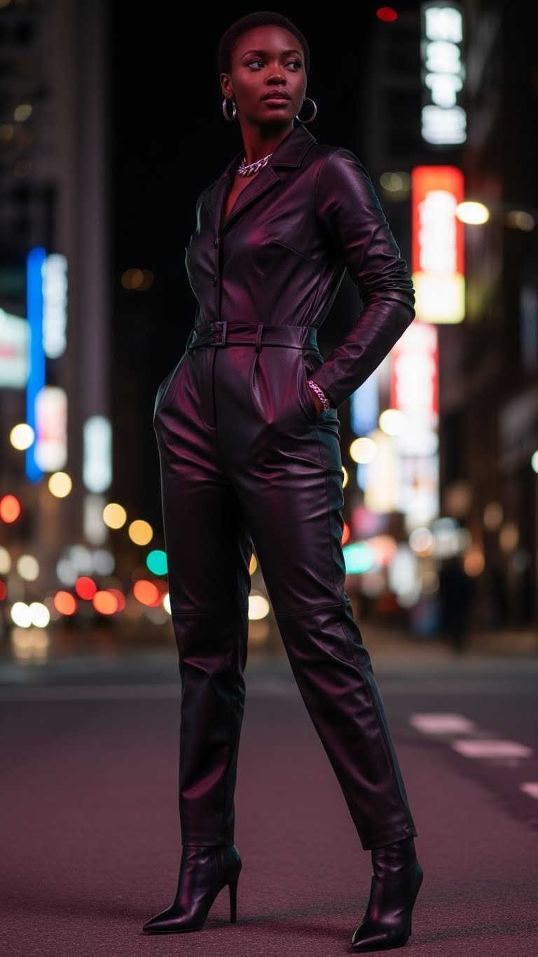 Stylish Black woman confidently wearing sleek leather jumpsuit against blurred vibrant city night background