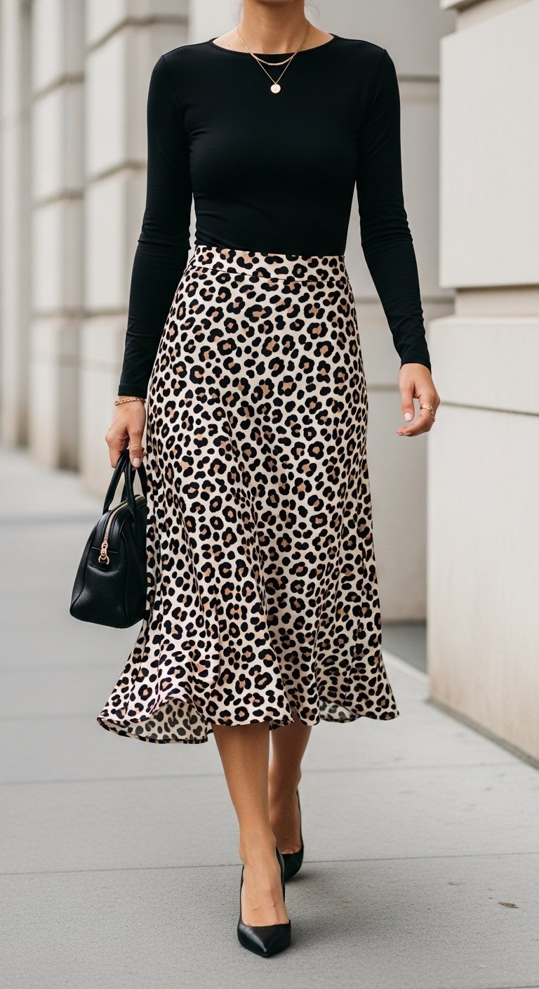 Stylish Latina woman wearing black bodysuit and leopard print satin skirt walking down minimalist city street