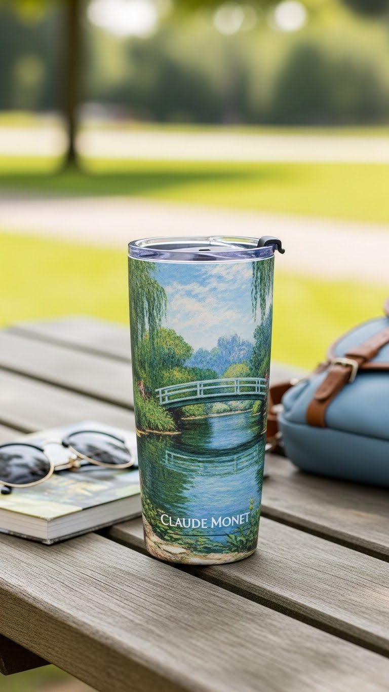 Stylish Monet insulated travel mug with Japanese Bridge design positioned on weathered outdoor picnic table.