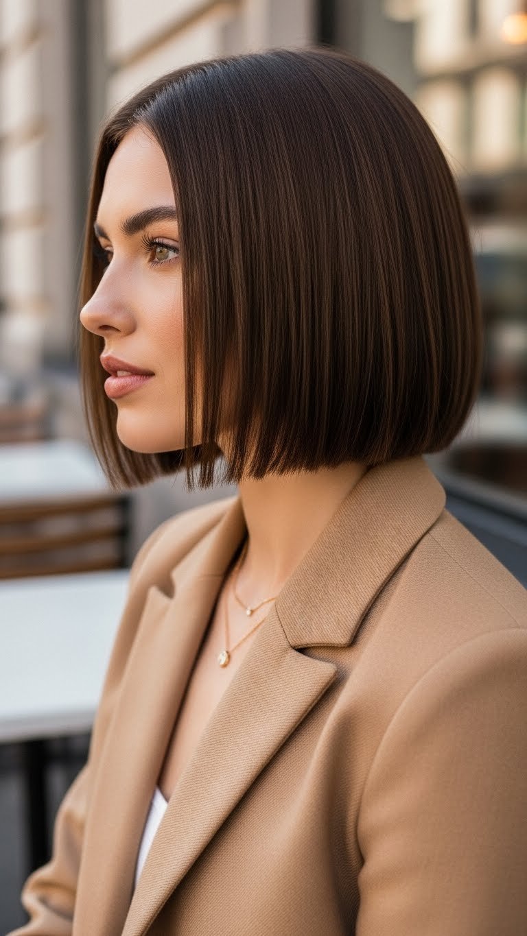 Stylish blunt bob haircut for thin hair with sharp ends creating thickness illusion in urban cafe setting