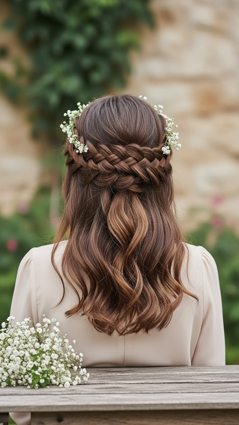 Stylish braided crown hairstyle on medium length Arab hair with intricate Dutch or French braid wrapped around head