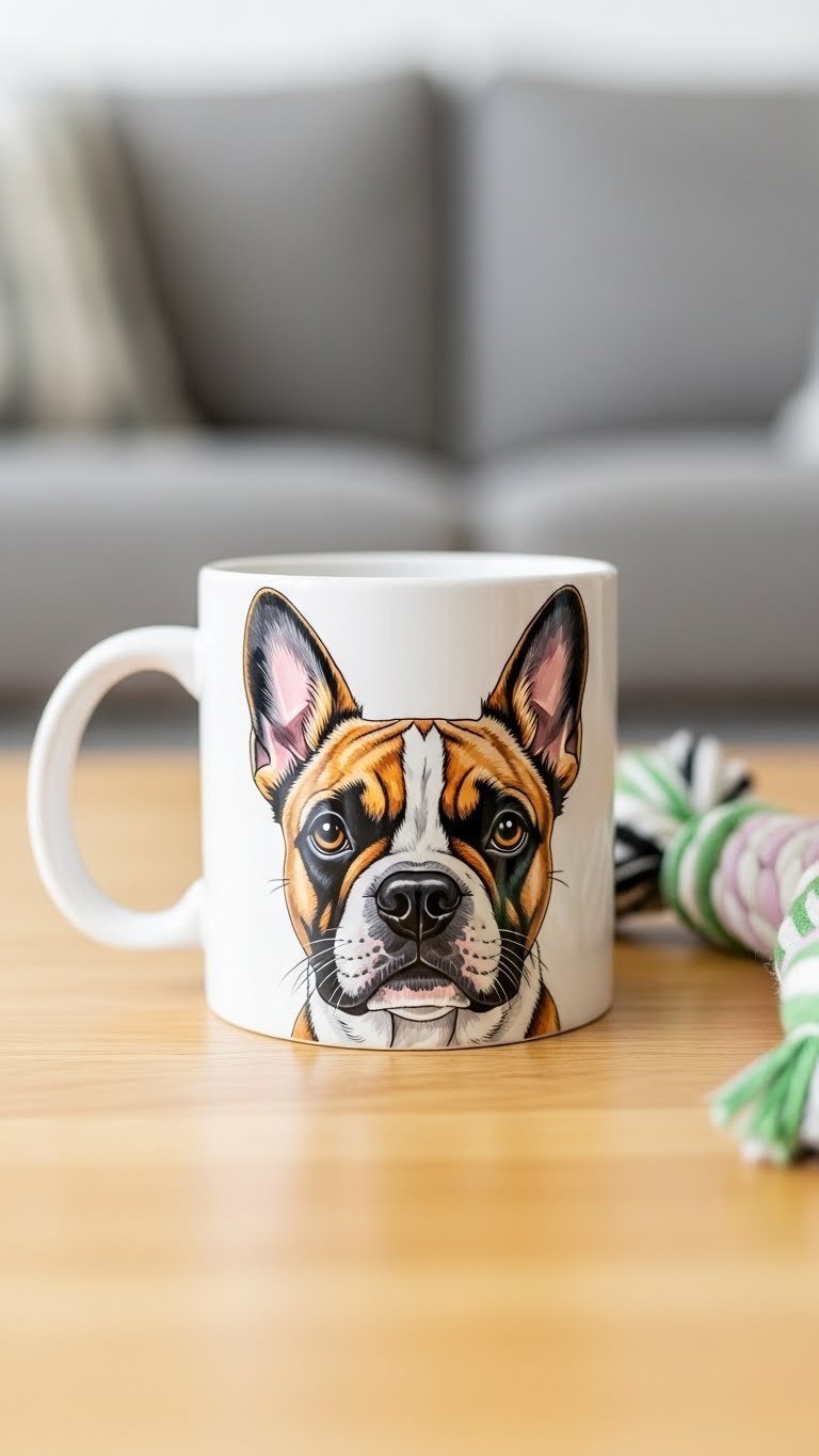 Stylish ceramic mug with breed-specific dog portrait highlighting iconic features against contemporary living room setting