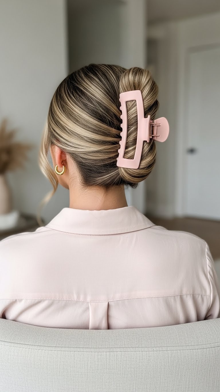 Stylish claw clip updo hairstyle on sleek medium length hair secured with modern oversized claw clip