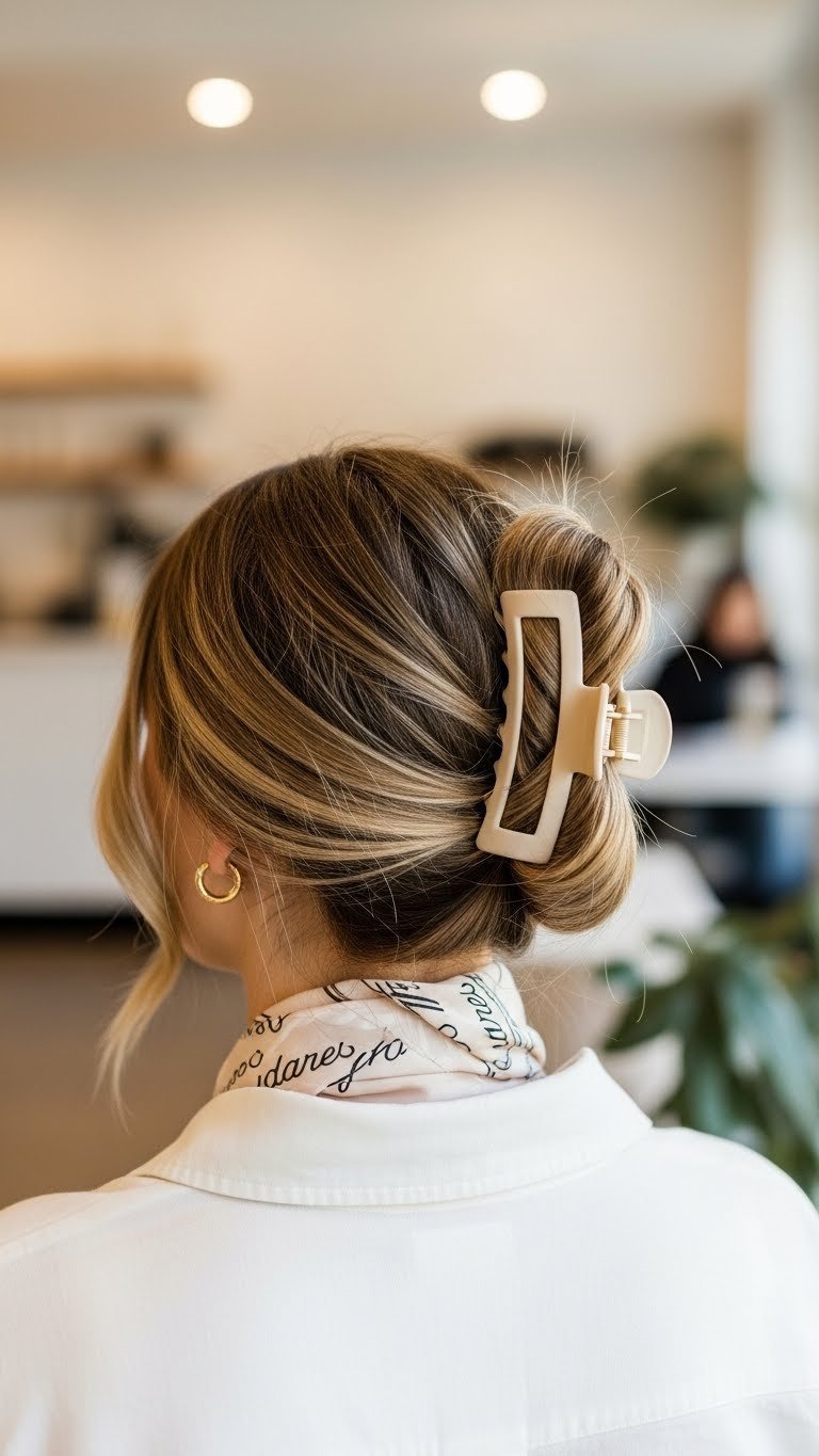 Stylish claw clip updo hairstyle with modern hair accessory securing casually gathered hair.