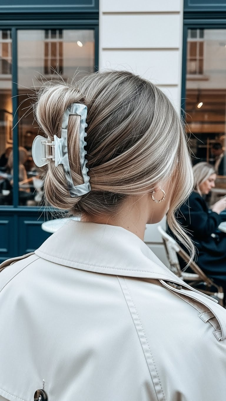 Stylish claw clip updo on medium-length hair with chic effortless look and face-framing strands.